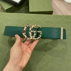 NWOT Authentic Gucci  Calfskin Ceramic Glass Double G Belt Emerald Multicolor